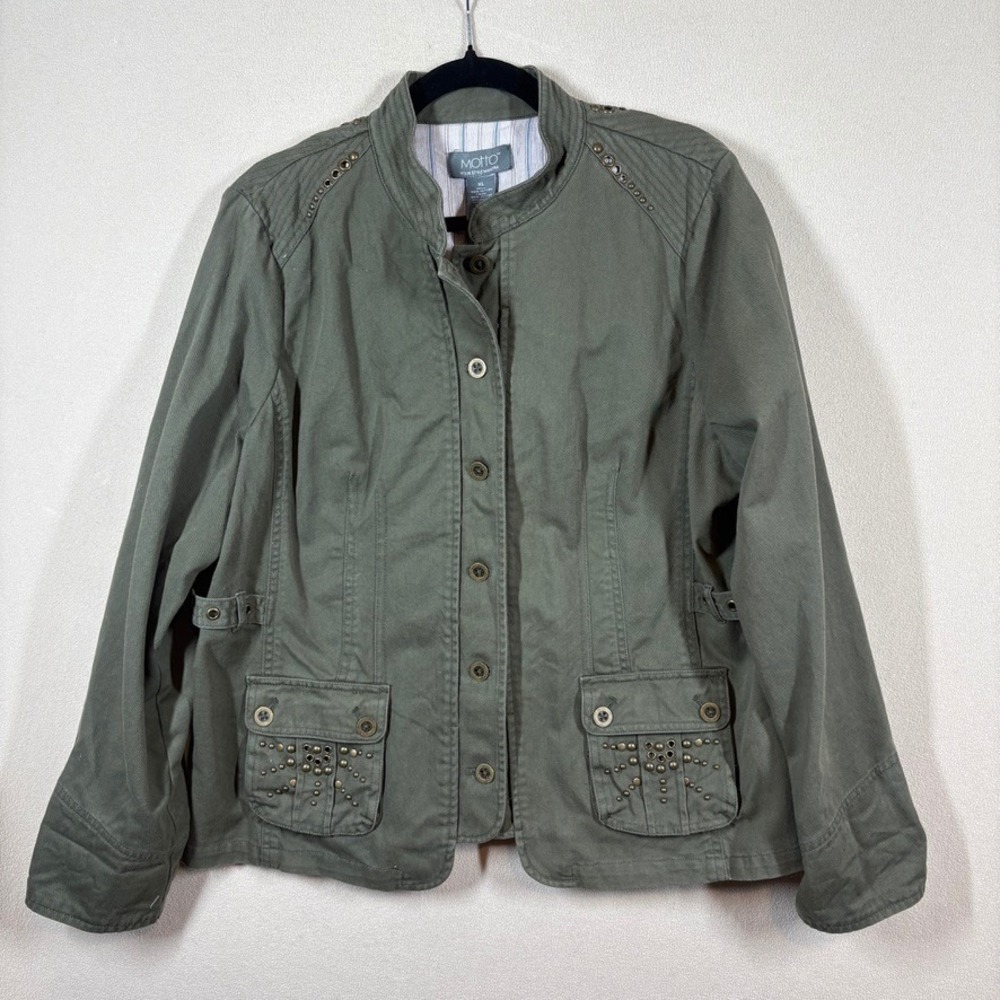 Motto Womens Olive Green Studded Utility Jacket XL Military Chic Boho Grunge